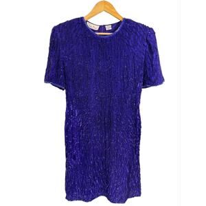 Vintage Laurence Kazar Beaded Sequin Silk Dress Purple Party Cocktail Size XL